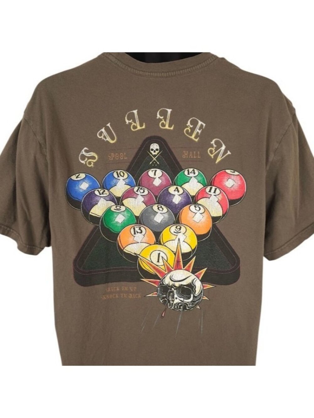 Sullen T Shirt Mens Size XL Brown Pool Hall Rack Em Up Knock Em Back Skull